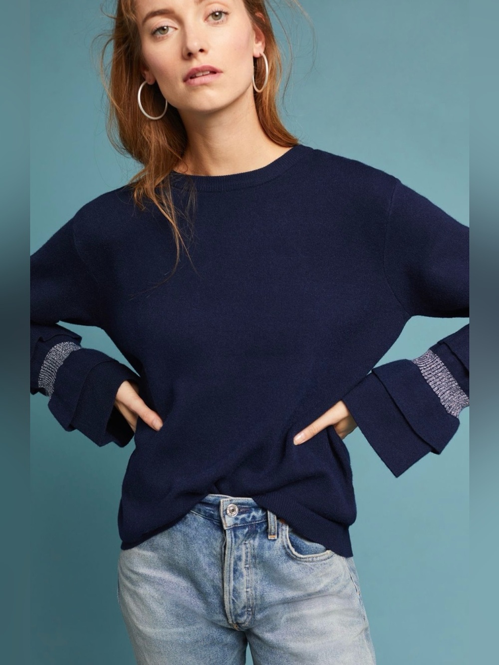 Anthropologie Moth Ruffle-Sleeve Boat Neck Pullover